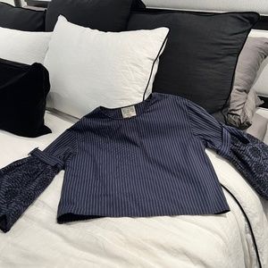 Sea New York Navy Top Shirt Blouse Pinstripe Embroidered Sleeve Sz 2